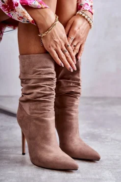 Damskie Marszczone Botki Kozaki Brązowe Laguna