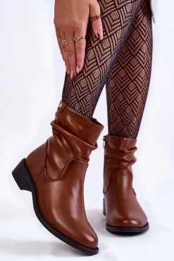 Damskie Marszczone Botki Na Płaskim Obcasie Brązowe Sersa