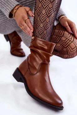 Damskie Marszczone Botki Na Płaskim Obcasie Brązowe Sersa