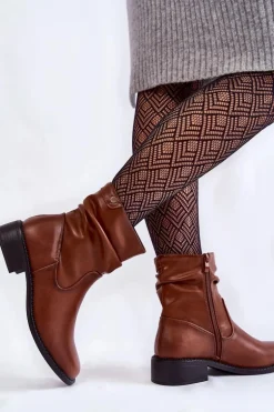 Damskie Marszczone Botki Na Płaskim Obcasie Brązowe Sersa