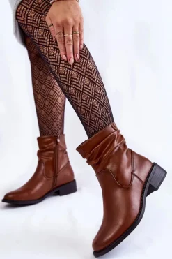 Damskie Marszczone Botki Na Płaskim Obcasie Brązowe Sersa