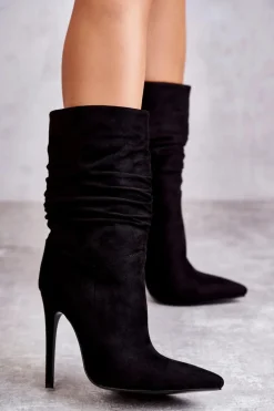 Damskie Marszczone Botki Kozaki Czarne Laguna