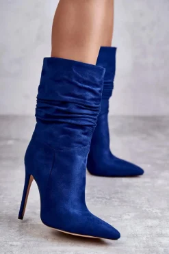 Damskie Marszczone Botki Kozaki Niebieskie Laguna