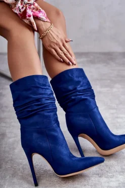 Damskie Marszczone Botki Kozaki Niebieskie Laguna