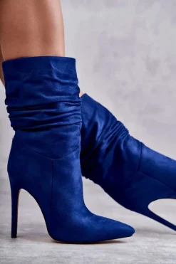 Damskie Marszczone Botki Kozaki Niebieskie Laguna