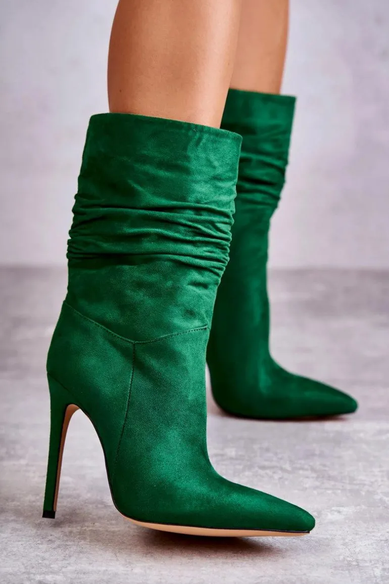 Damskie Marszczone Botki Kozaki Zielone Laguna