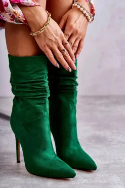 Damskie Marszczone Botki Kozaki Zielone Laguna