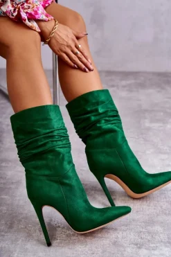 Damskie Marszczone Botki Kozaki Zielone Laguna