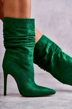 Damskie Marszczone Botki Kozaki Zielone Laguna