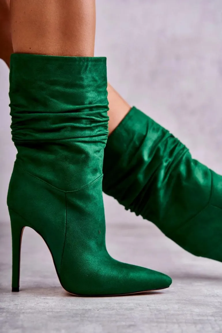 Damskie Marszczone Botki Kozaki Zielone Laguna