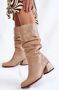 Damskie Marszczone Skórzane Kozaki Beżowe Alfra