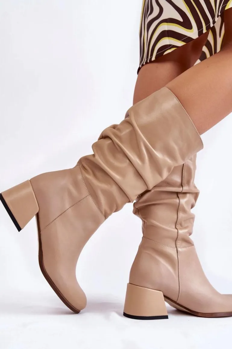 Damskie Marszczone Skórzane Kozaki Beżowe Alfra