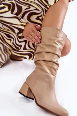 Damskie Marszczone Skórzane Kozaki Beżowe Alfra