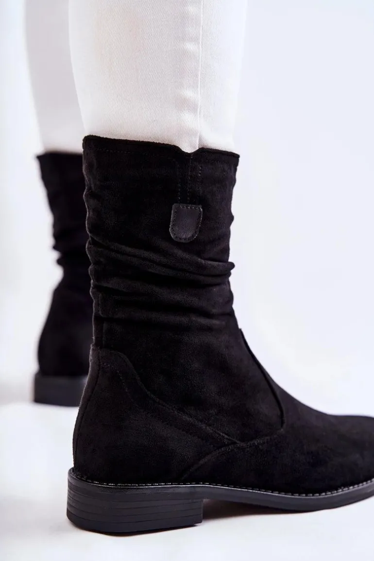 Damskie Marszczone Zamszowe Botki Czarne Joanne