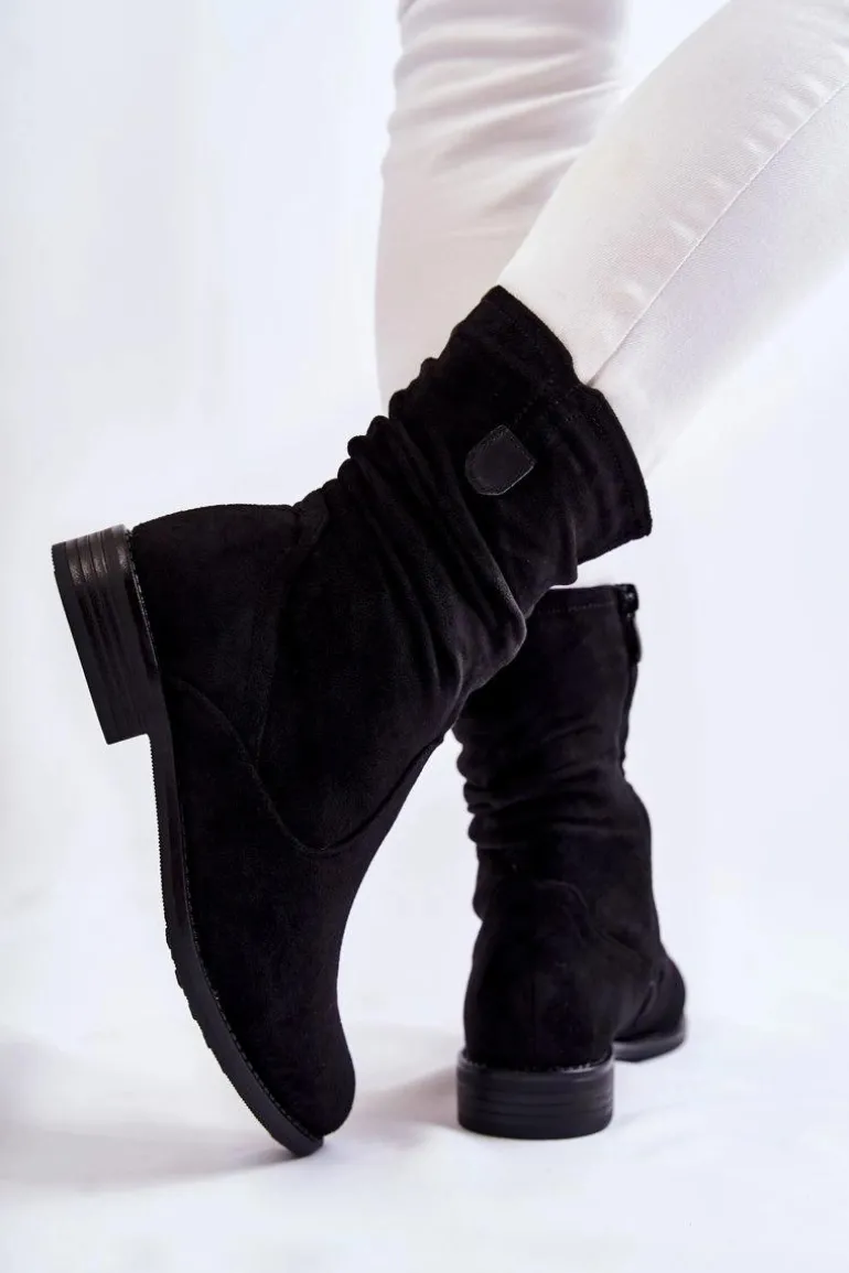 Damskie Marszczone Zamszowe Botki Czarne Joanne