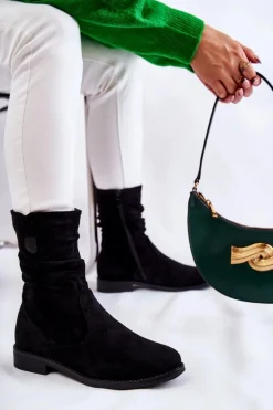 Damskie Marszczone Zamszowe Botki Czarne Joanne