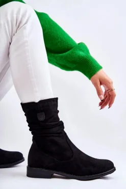 Damskie Marszczone Zamszowe Botki Czarne Joanne