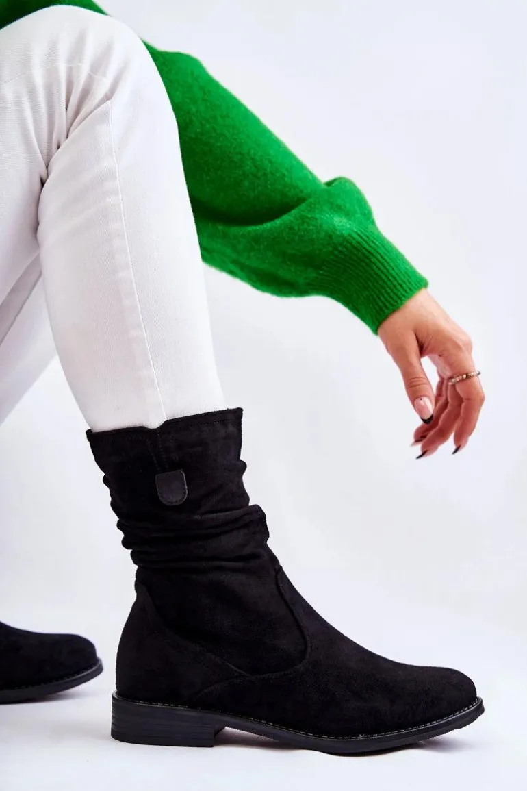 Damskie Marszczone Zamszowe Botki Czarne Joanne