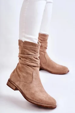 Damskie Marszczone Zamszowe Botki Beżowe Joanne