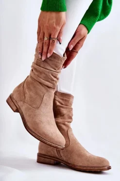 Damskie Marszczone Zamszowe Botki Beżowe Joanne