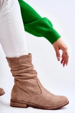 Damskie Marszczone Zamszowe Botki Beżowe Joanne