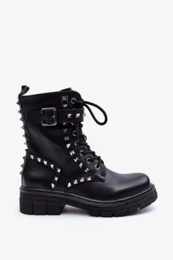 Damskie Masywne Botki Workery z Dżetami Czarne Tyralis
