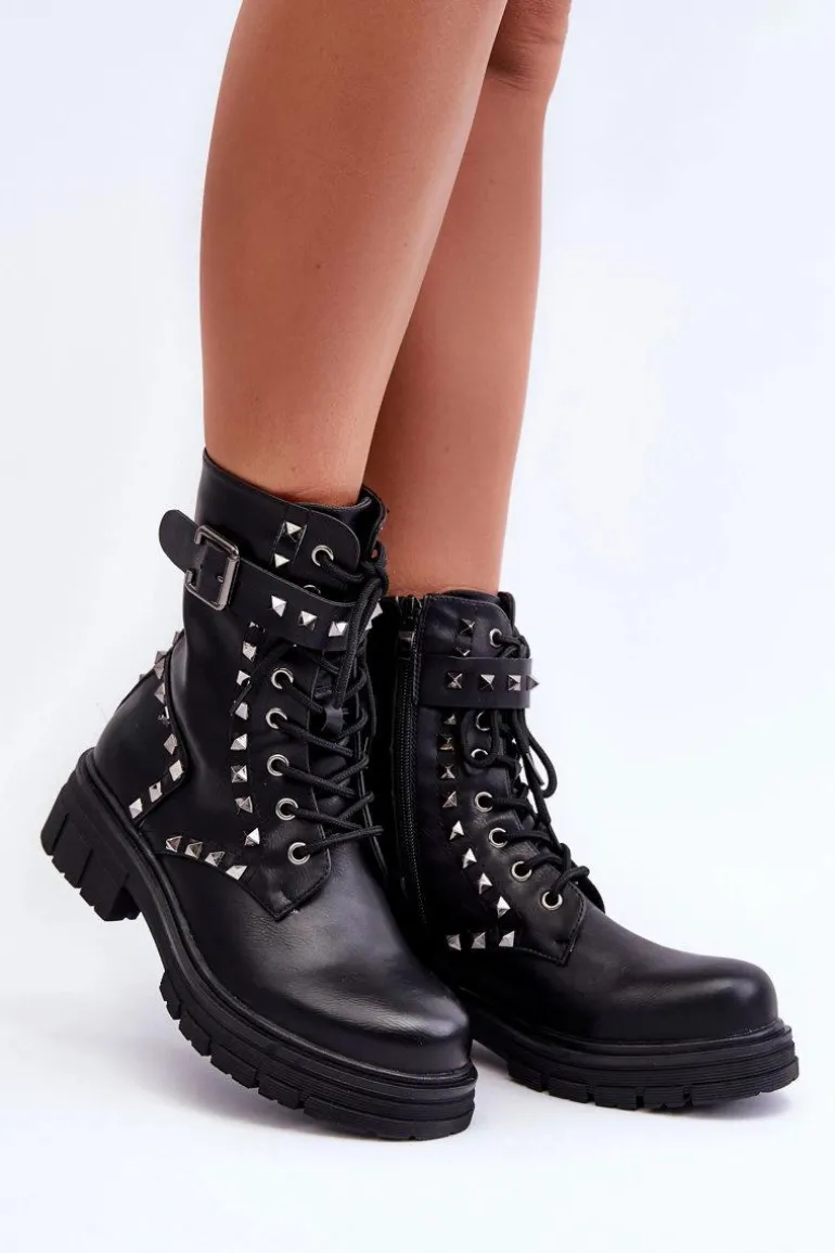 Damskie Masywne Botki Workery z Dżetami Czarne Tyralis