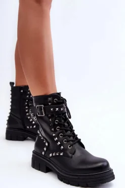 Damskie Masywne Botki Workery z Dżetami Czarne Tyralis