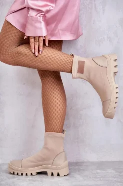 Damskie Materiałowe Botki Nicole 2703 Beżowe