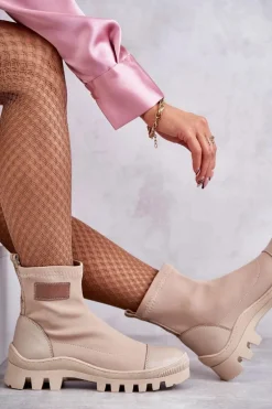 Damskie Materiałowe Botki Nicole 2703 Beżowe