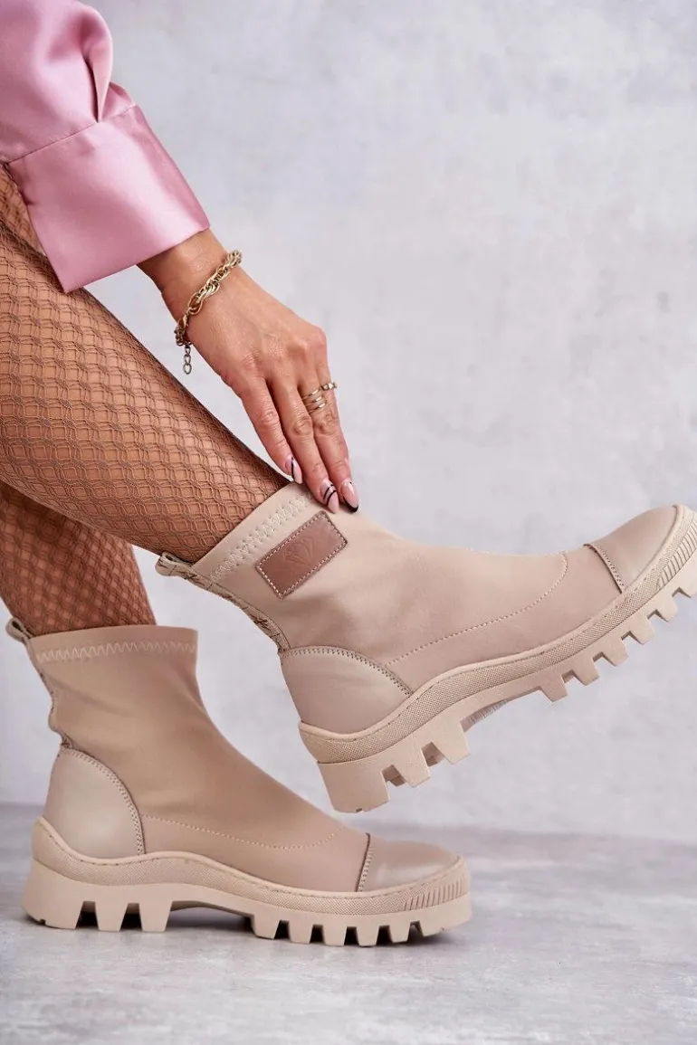 Damskie Materiałowe Botki Nicole 2703 Beżowe