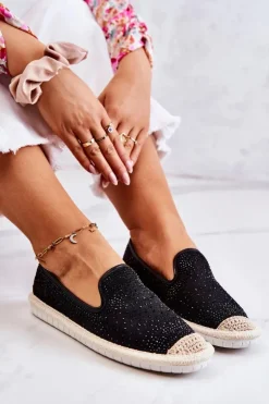 Damskie Materiałowe Espadryle Z Cyrkoniami Czarne Deimos