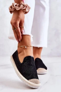 Damskie Materiałowe Espadryle Z Cyrkoniami Czarne Deimos