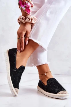 Damskie Materiałowe Espadryle Z Cyrkoniami Czarne Deimos