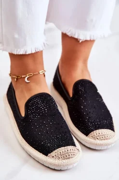 Damskie Materiałowe Espadryle Z Cyrkoniami Czarne Deimos