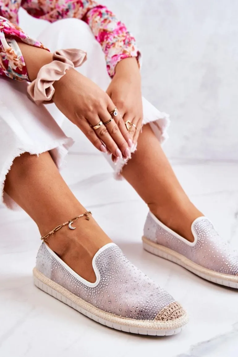 Damskie Materiałowe Espadryle Z Cyrkoniami Szare Deimos