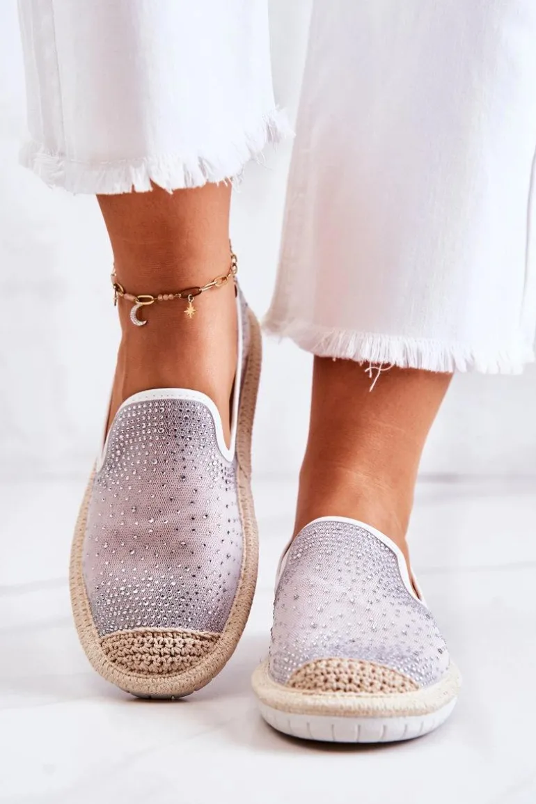 Damskie Materiałowe Espadryle Z Cyrkoniami Szare Deimos