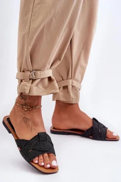 Damskie Materiałowe Klapki Czarne Aversa