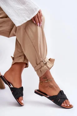 Damskie Materiałowe Klapki Czarne Aversa