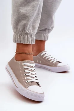 Damskie Materiałowe Klasyczne Niskie Trampki Ciemnobeżowe Lennabella