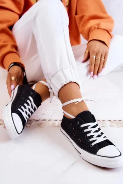 Damskie Materiałowe Trampki Ażurowe Czarne Venture