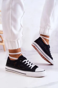 Damskie Materiałowe Trampki Ażurowe Czarne Venture