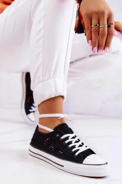 Damskie Materiałowe Trampki Ażurowe Czarne Venture