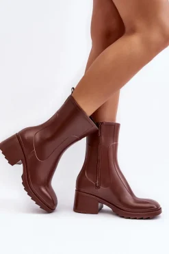 Damskie Matowe Kalosze Botki Na Obcasie Brązowe Bertaida