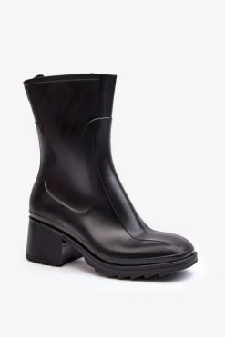 Damskie Matowe Kalosze Botki Na Obcasie Czarne Bertaida