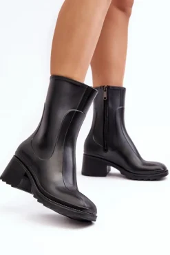 Damskie Matowe Kalosze Botki Na Obcasie Czarne Bertaida