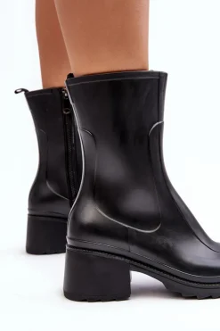 Damskie Matowe Kalosze Botki Na Obcasie Czarne Bertaida