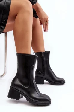 Damskie Matowe Kalosze Botki Na Obcasie Czarne Bertaida