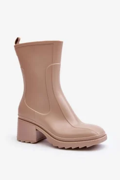 Damskie Matowe Kalosze Botki Na Obcasie Beżowe Bertaida