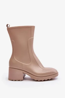 Damskie Matowe Kalosze Botki Na Obcasie Beżowe Bertaida